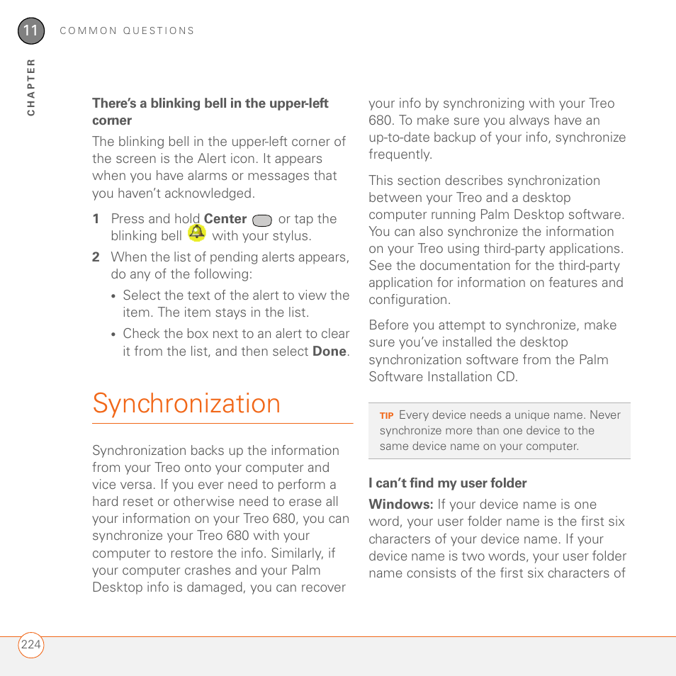 There’s a blinking bell in the upper-left corner, Synchronization, I can’t find my user folder | Palm 680 User Manual | Page 230 / 312