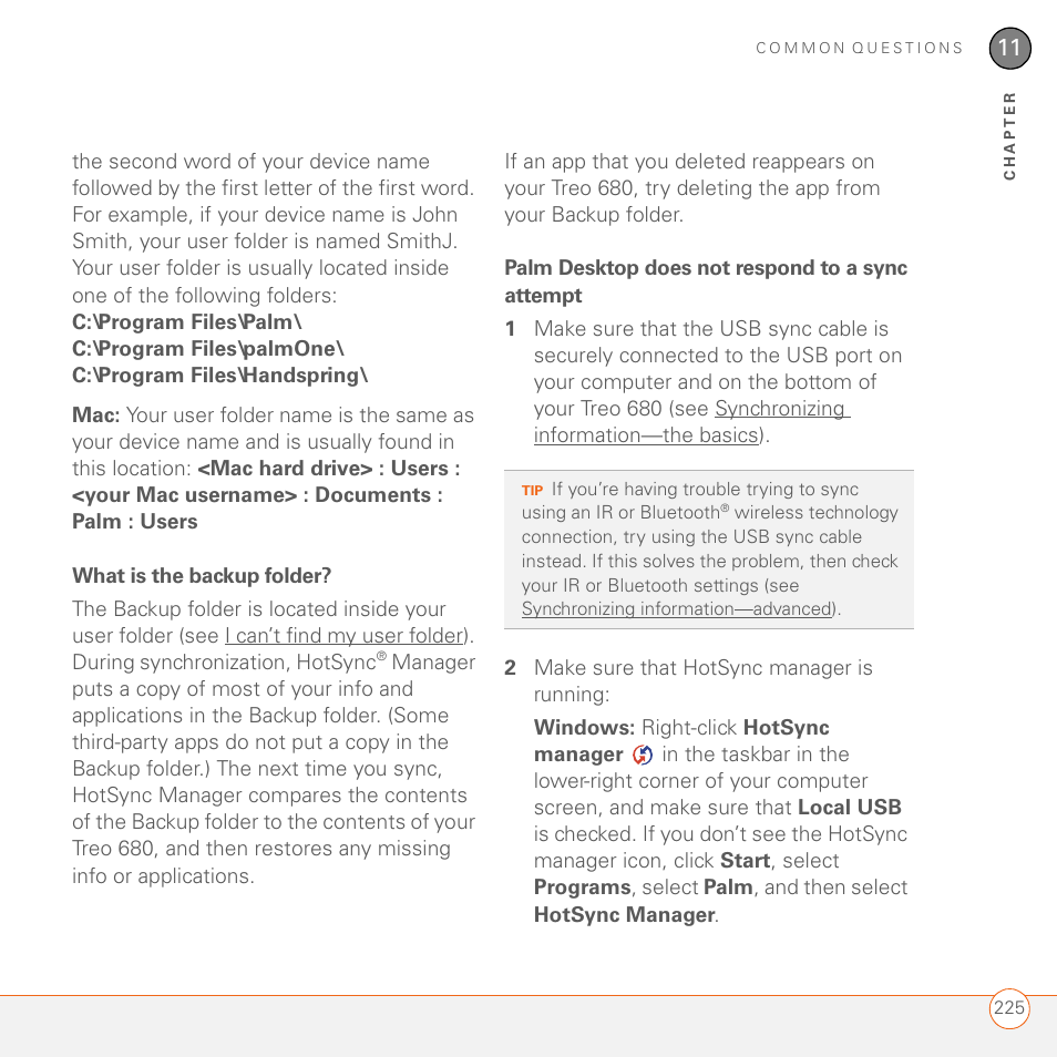 What is the backup folder, Palm desktop does not respond to a sync attempt | Palm 680 User Manual | Page 231 / 312