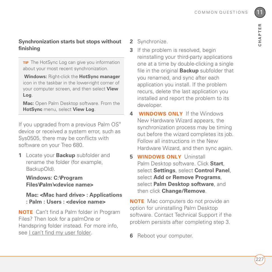 Synchronization starts but stops without finishing | Palm 680 User Manual | Page 233 / 312