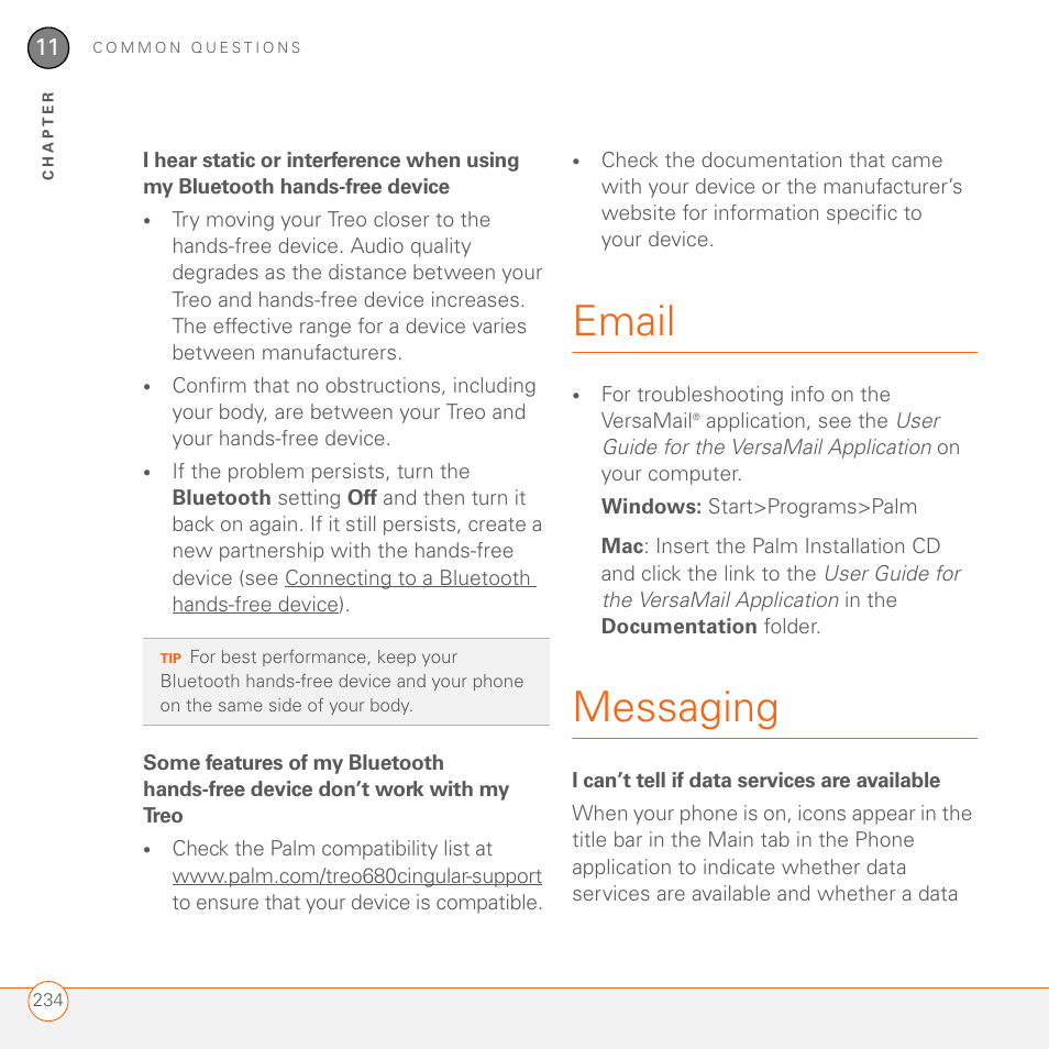 Email, Messaging, I can’t tell if data services are available | Palm 680 User Manual | Page 240 / 312