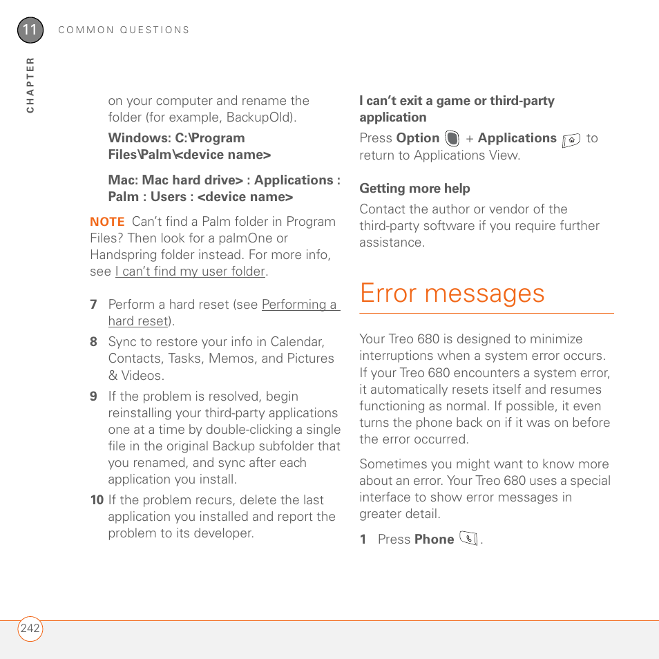 I can’t exit a game or third-party application, Getting more help, Error messages | Palm 680 User Manual | Page 248 / 312