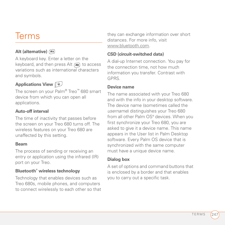 Terms | Palm 680 User Manual | Page 253 / 312
