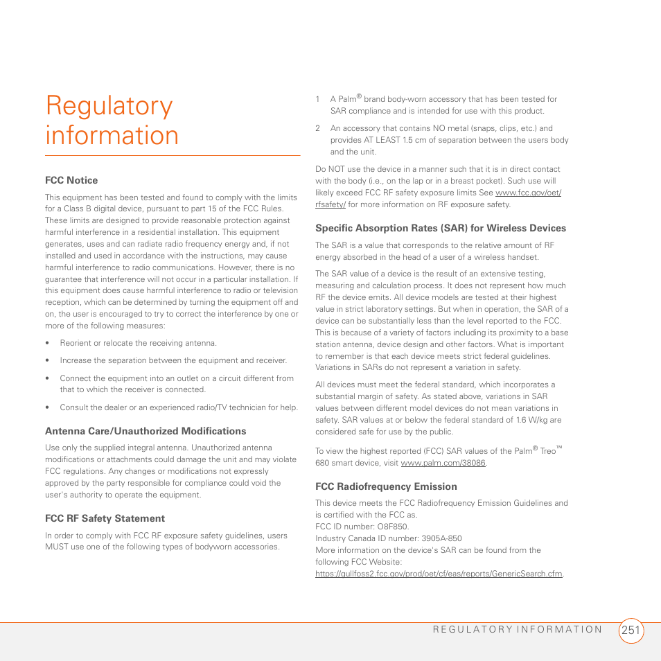 Regulatory information | Palm 680 User Manual | Page 257 / 312