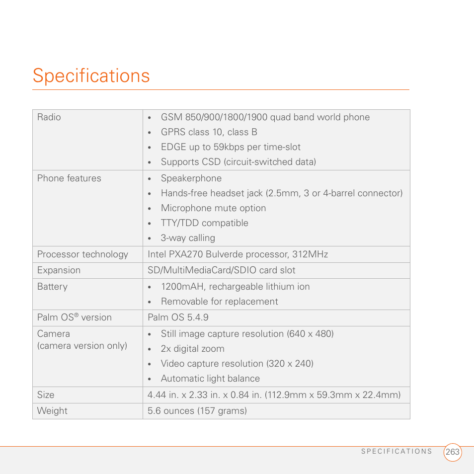 Specifications | Palm 680 User Manual | Page 269 / 312