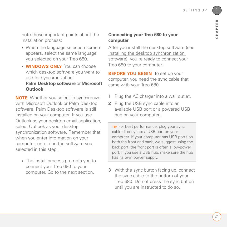 Connecting your treo 680 to your computer | Palm 680 User Manual | Page 27 / 312