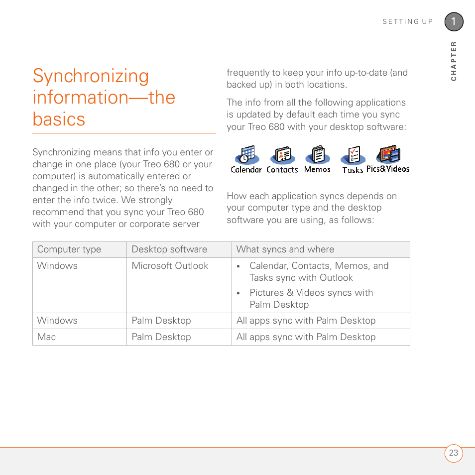 Synchronizing information-the basics, Synchronizing information—the basics | Palm 680 User Manual | Page 29 / 312