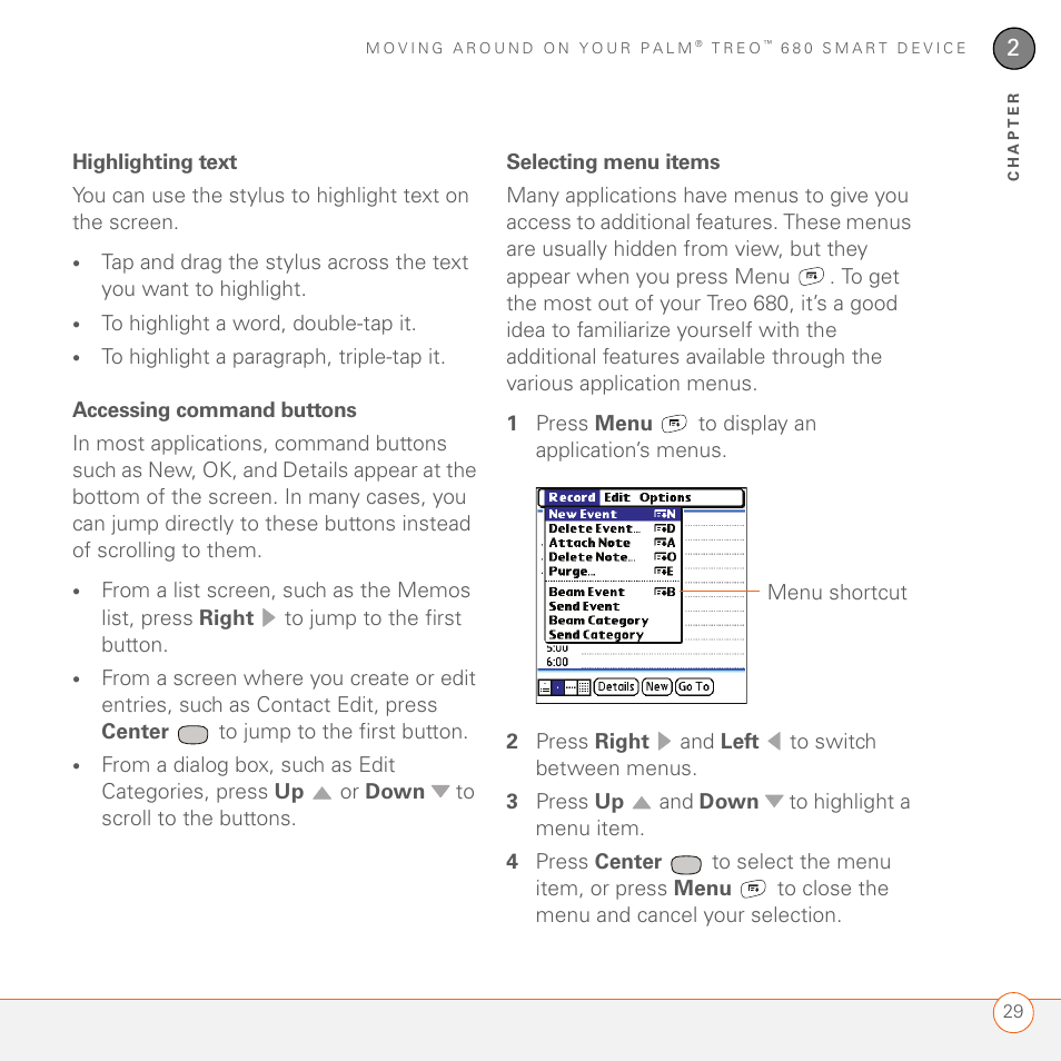 Highlighting text, Accessing command buttons, Selecting menu items | Palm 680 User Manual | Page 35 / 312
