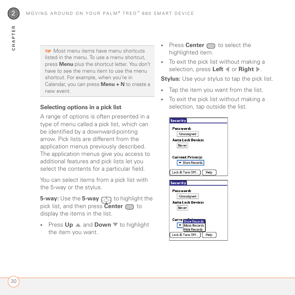 Selecting options in a pick list | Palm 680 User Manual | Page 36 / 312