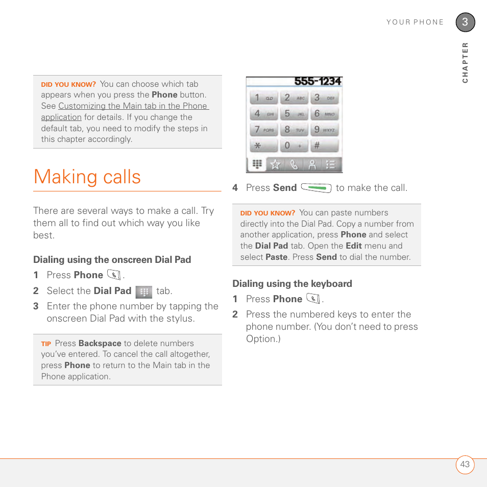 Making calls, Dialing using the onscreen dial pad, Dialing using the keyboard | Palm 680 User Manual | Page 49 / 312