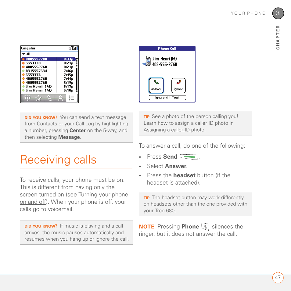 Receiving calls | Palm 680 User Manual | Page 53 / 312