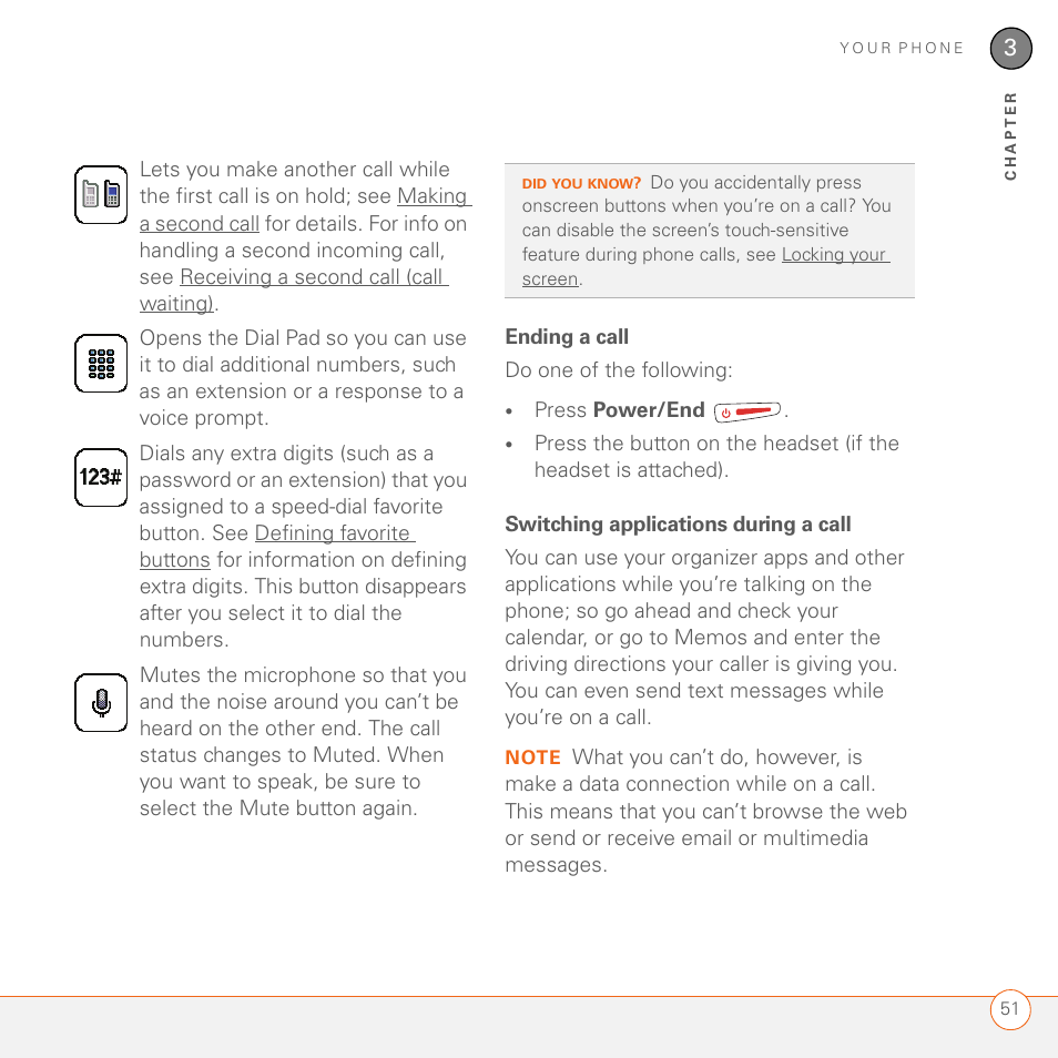Ending a call, Switching applications during a call | Palm 680 User Manual | Page 57 / 312