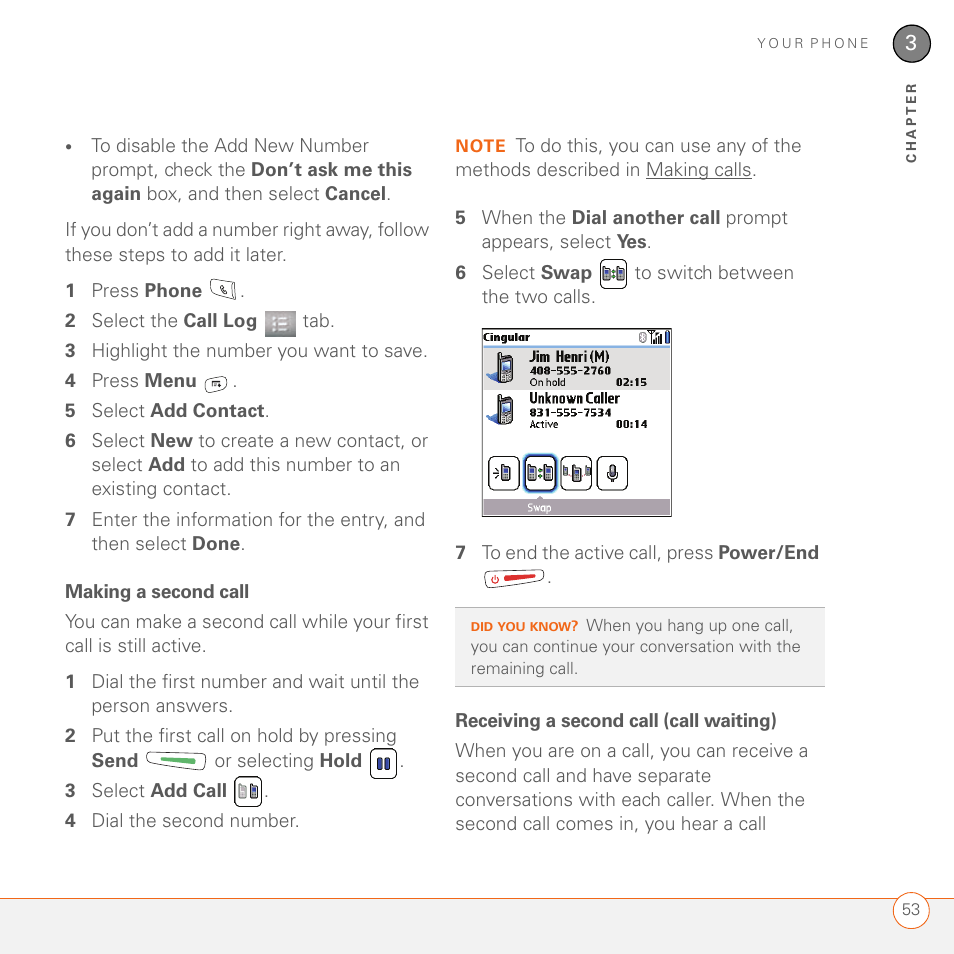 Making a second call, Receiving a second call (call waiting) | Palm 680 User Manual | Page 59 / 312