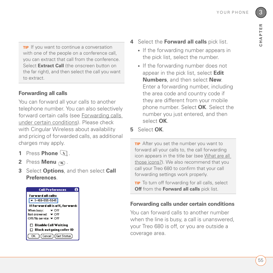 Forwarding all calls, Forwarding calls under certain conditions | Palm 680 User Manual | Page 61 / 312