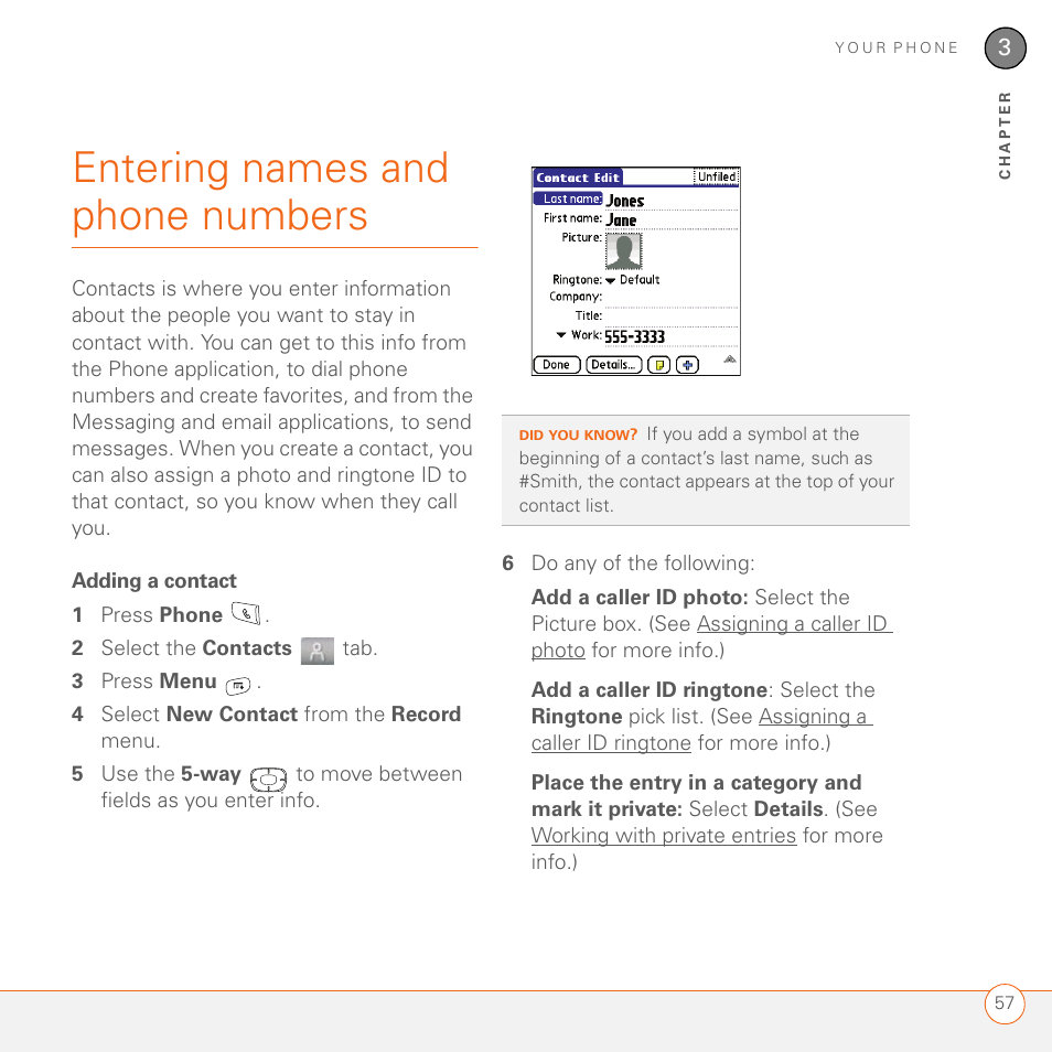 Entering names and phone numbers, Adding a contact | Palm 680 User Manual | Page 63 / 312