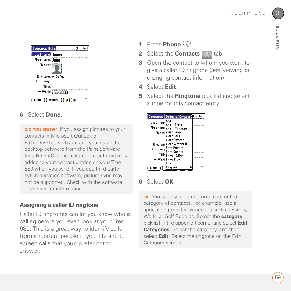 Assigning a caller id ringtone | Palm 680 User Manual | Page 65 / 312