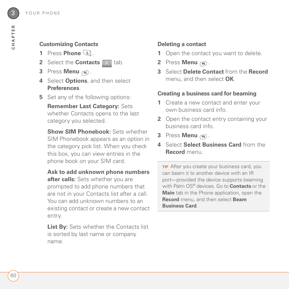 Customizing contacts, Deleting a contact, Creating a business card for beaming | Palm 680 User Manual | Page 66 / 312