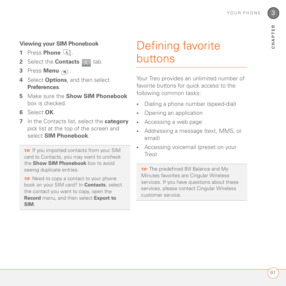 Viewing your sim phonebook, Defining favorite buttons | Palm 680 User Manual | Page 67 / 312