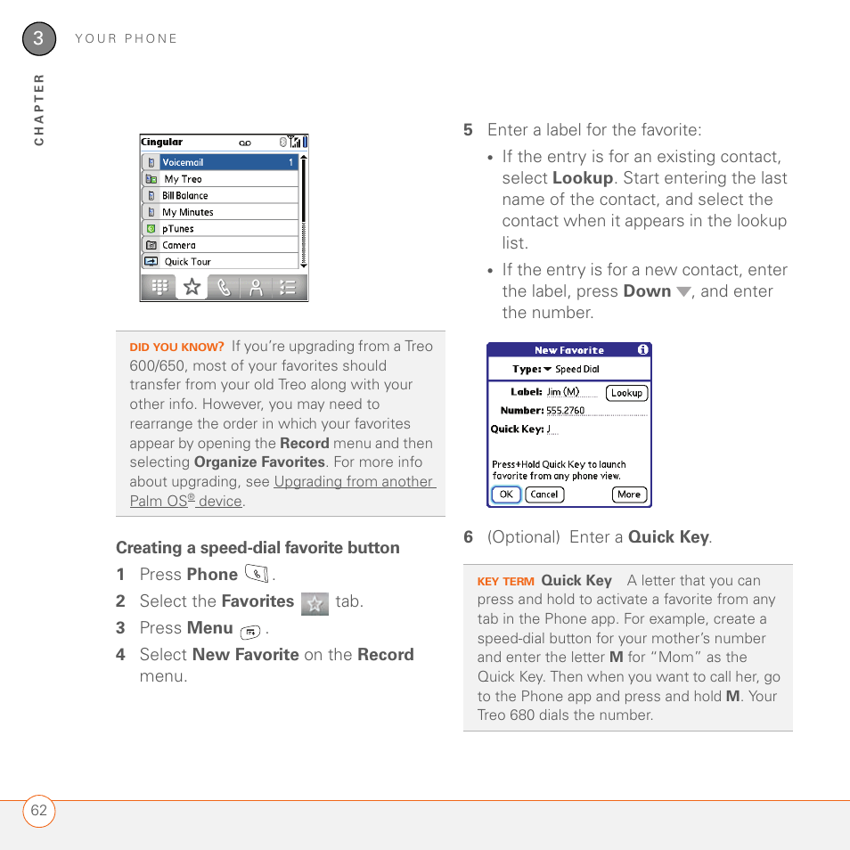 Creating a speed-dial favorite button | Palm 680 User Manual | Page 68 / 312