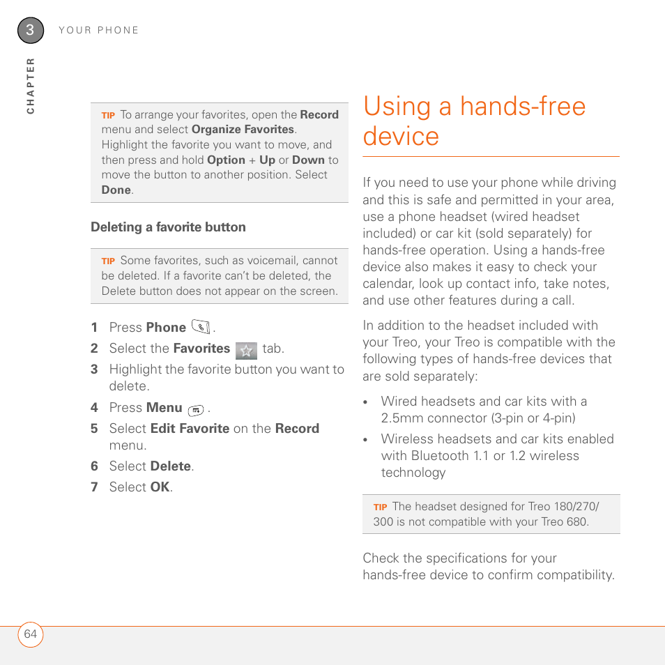 Deleting a favorite button, Using a hands-free device | Palm 680 User Manual | Page 70 / 312