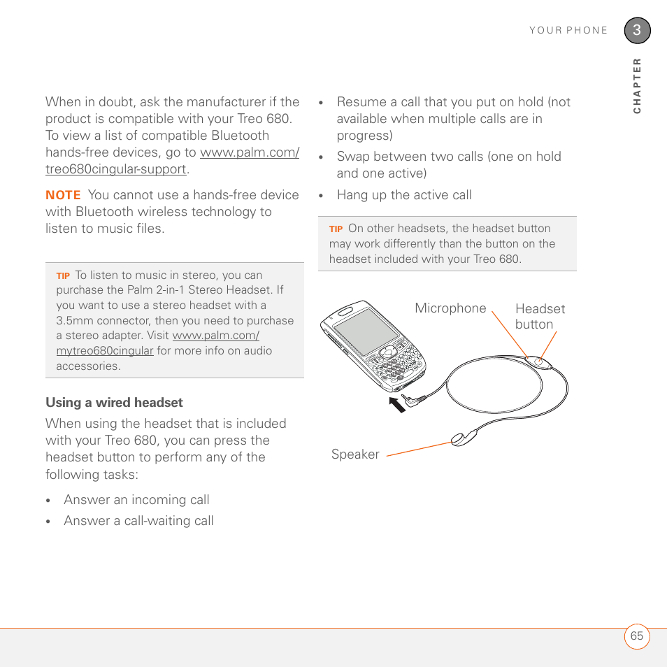 Using a wired headset | Palm 680 User Manual | Page 71 / 312