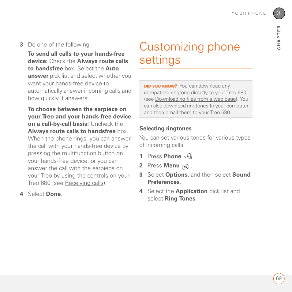 Customizing phone settings, Selecting ringtones | Palm 680 User Manual | Page 75 / 312