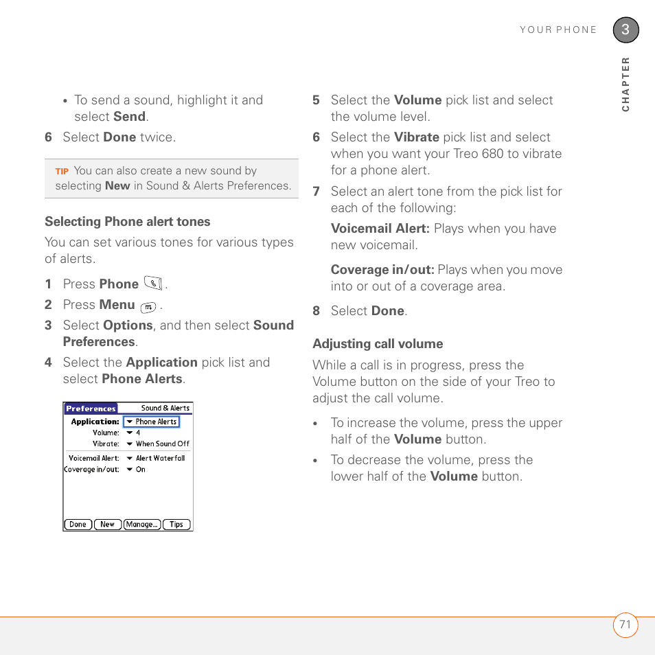 Selecting phone alert tones, Adjusting call volume | Palm 680 User Manual | Page 77 / 312