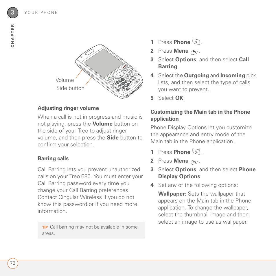 Adjusting ringer volume, Barring calls, Customizing the main tab in the phone application | Palm 680 User Manual | Page 78 / 312