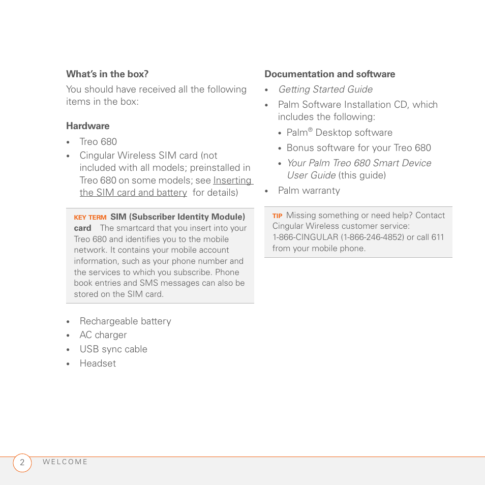 What’s in the box, Hardware, Documentation and software | Palm 680 User Manual | Page 8 / 312