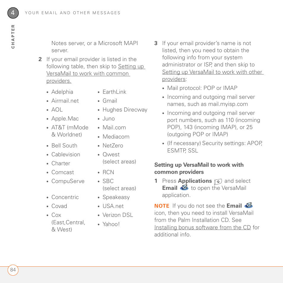 Setting up versamail to work with common providers | Palm 680 User Manual | Page 90 / 312