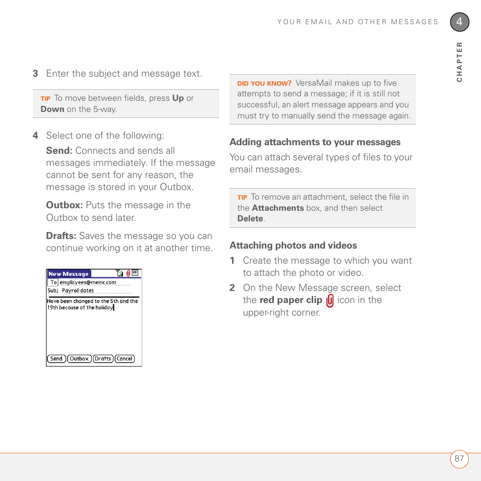 Adding attachments to your messages, Attaching photos and videos | Palm 680 User Manual | Page 93 / 312