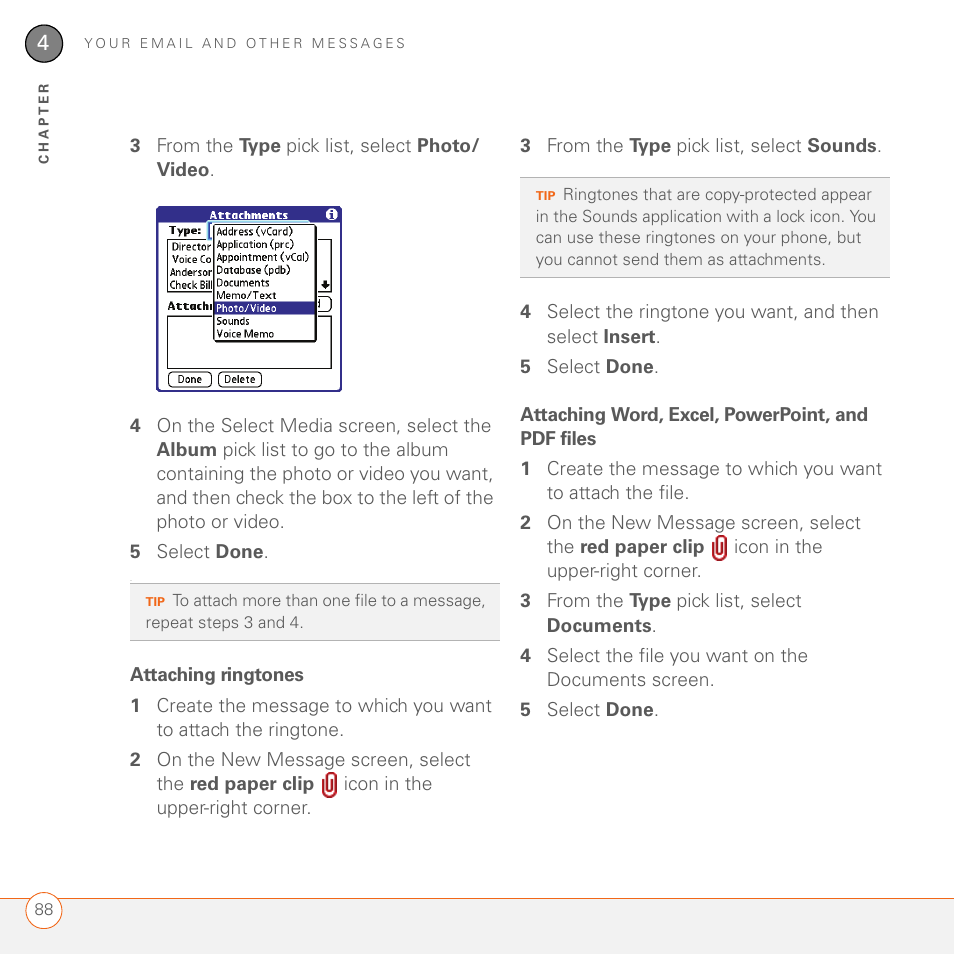 Attaching ringtones, Attaching word, excel, powerpoint, and pdf files | Palm 680 User Manual | Page 94 / 312