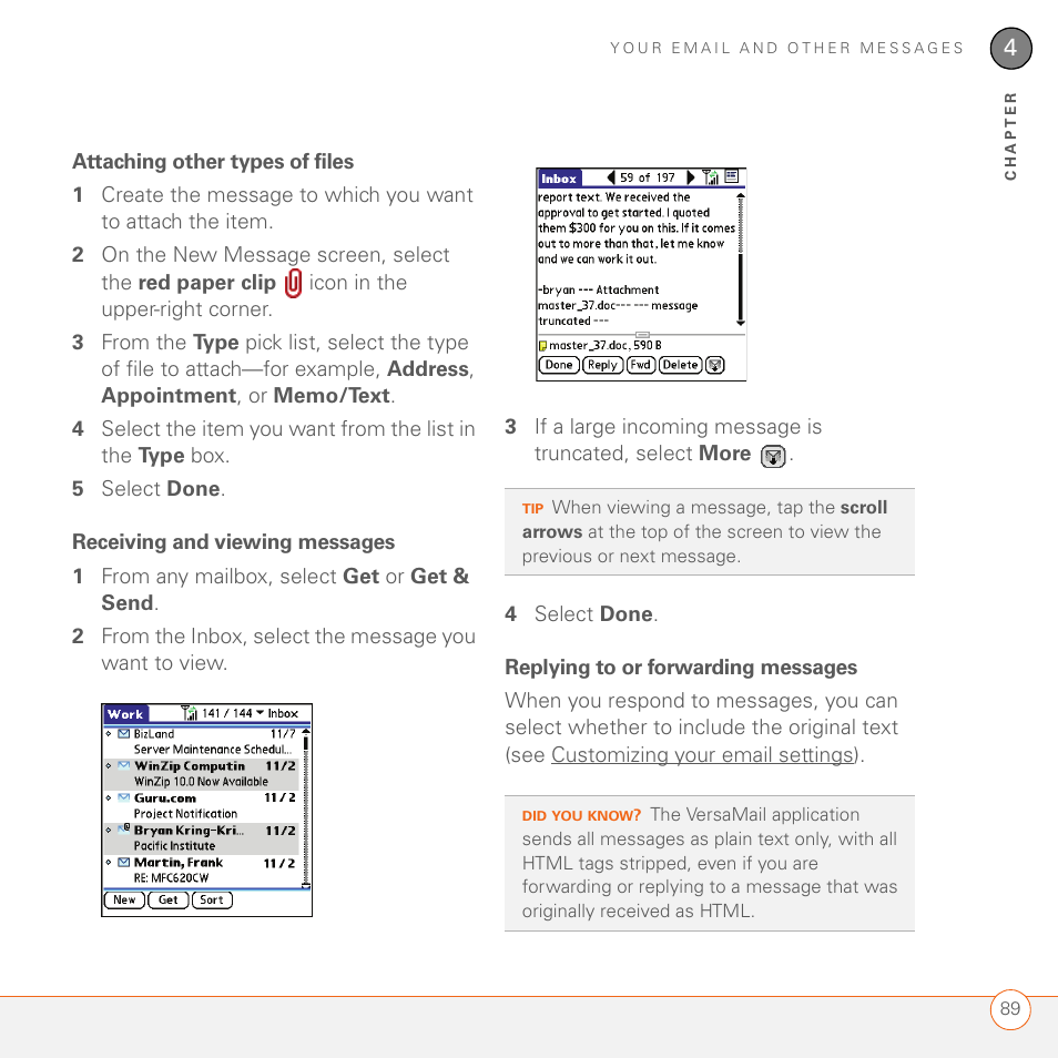 Attaching other types of files, Receiving and viewing messages, Replying to or forwarding messages | Palm 680 User Manual | Page 95 / 312