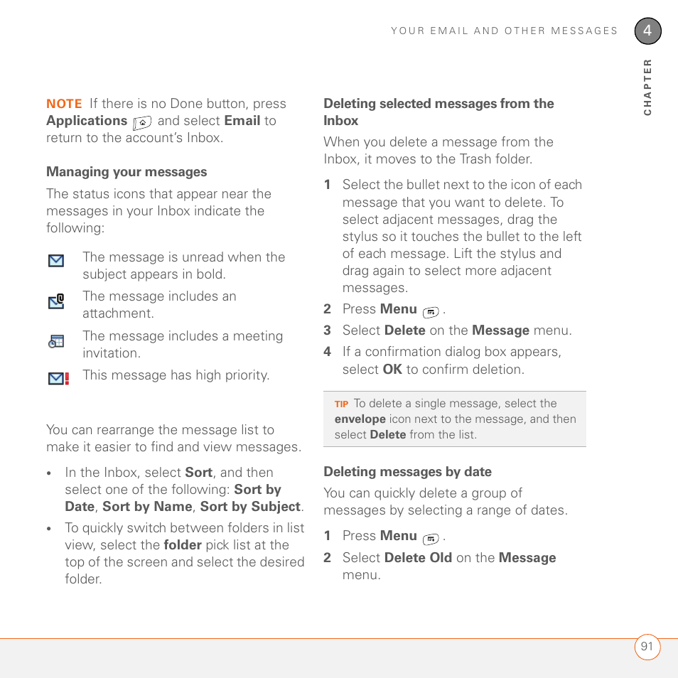 Managing your messages, Deleting selected messages from the inbox, Deleting messages by date | Palm 680 User Manual | Page 97 / 312