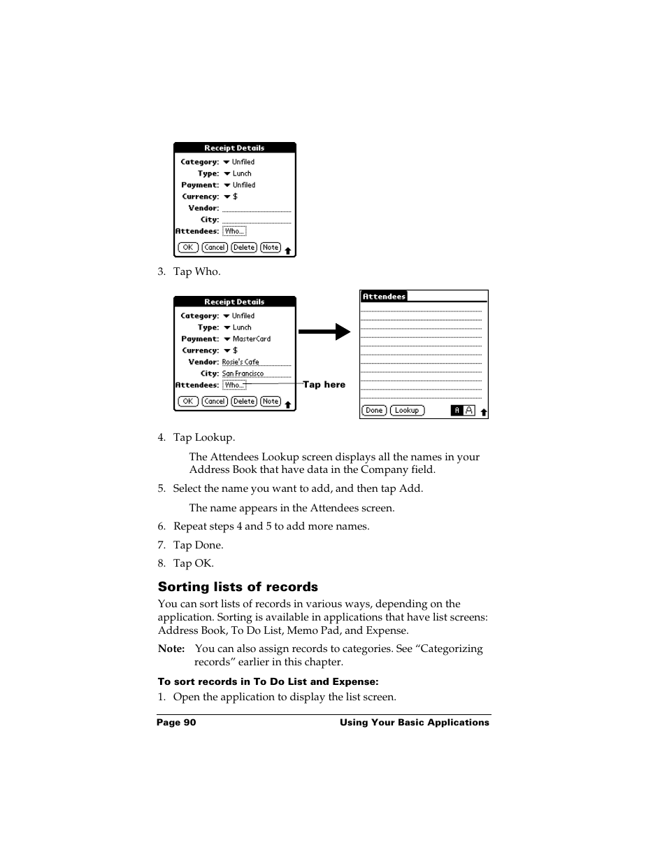 Sorting lists of records, To sort records in to do list and expense | Palm Handhelds m500 User Manual | Page 100 / 286