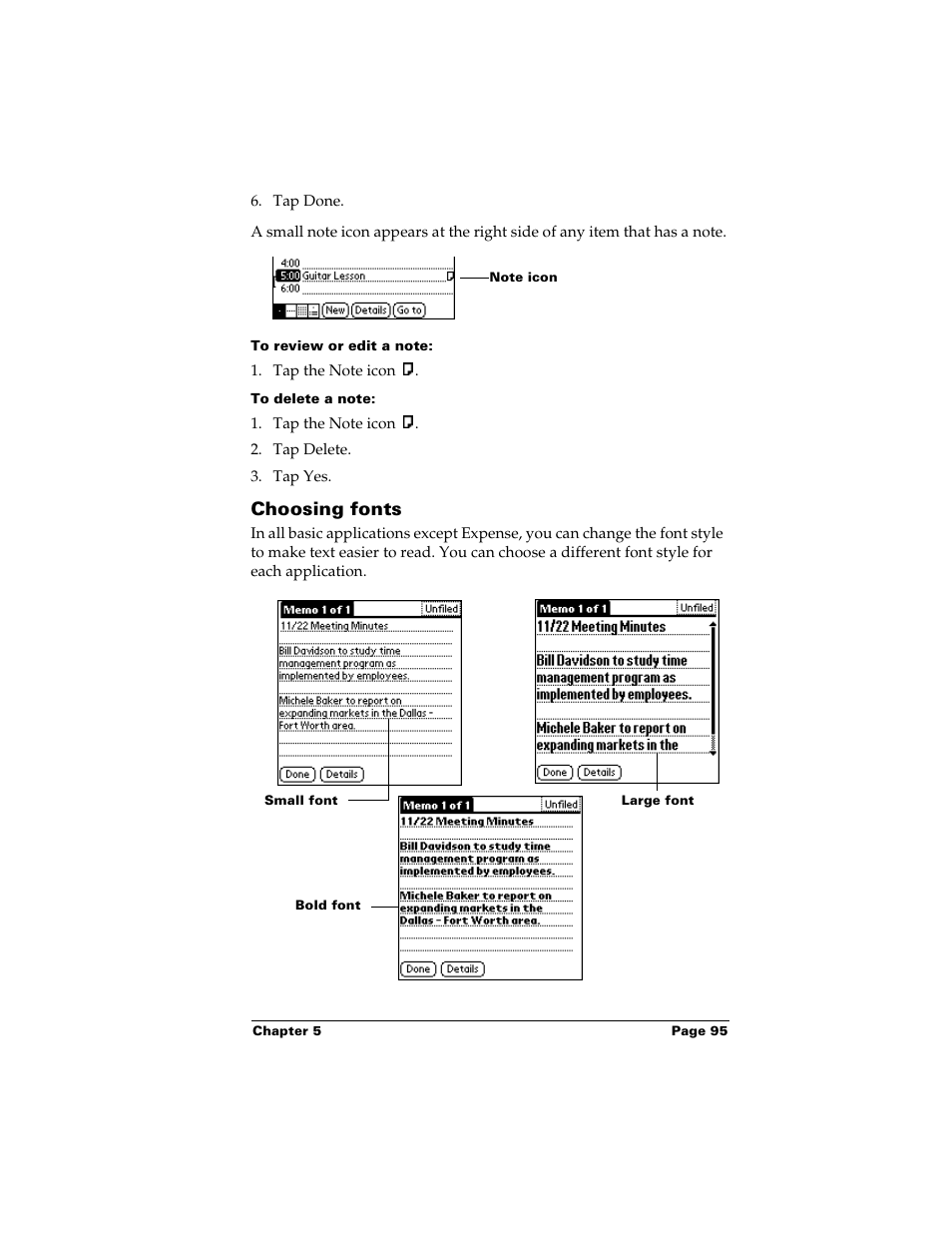 To review or edit a note, To delete a note, Choosing fonts | Palm Handhelds m500 User Manual | Page 105 / 286