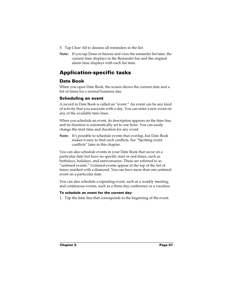 Application-specific tasks, Date book, Scheduling an event | To schedule an event for the current day | Palm Handhelds m500 User Manual | Page 107 / 286