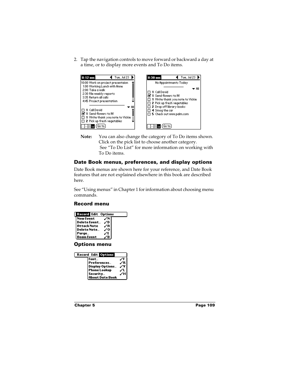 Date book menus, preferences, and display options, Record menu, Options menu | Palm Handhelds m500 User Manual | Page 119 / 286