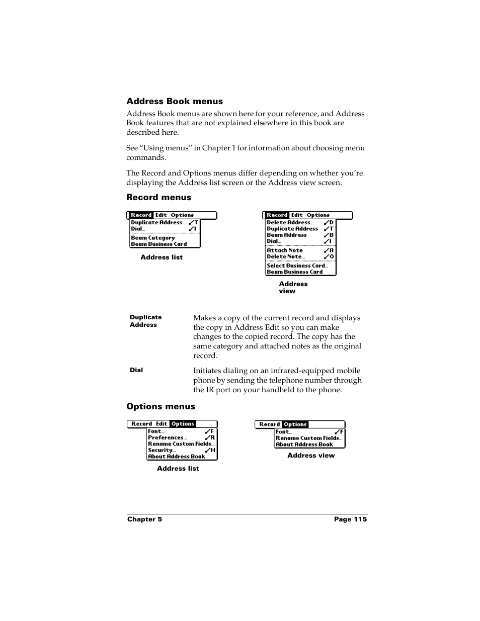 Address book menus, Record menus, Options menus | Palm Handhelds m500 User Manual | Page 125 / 286