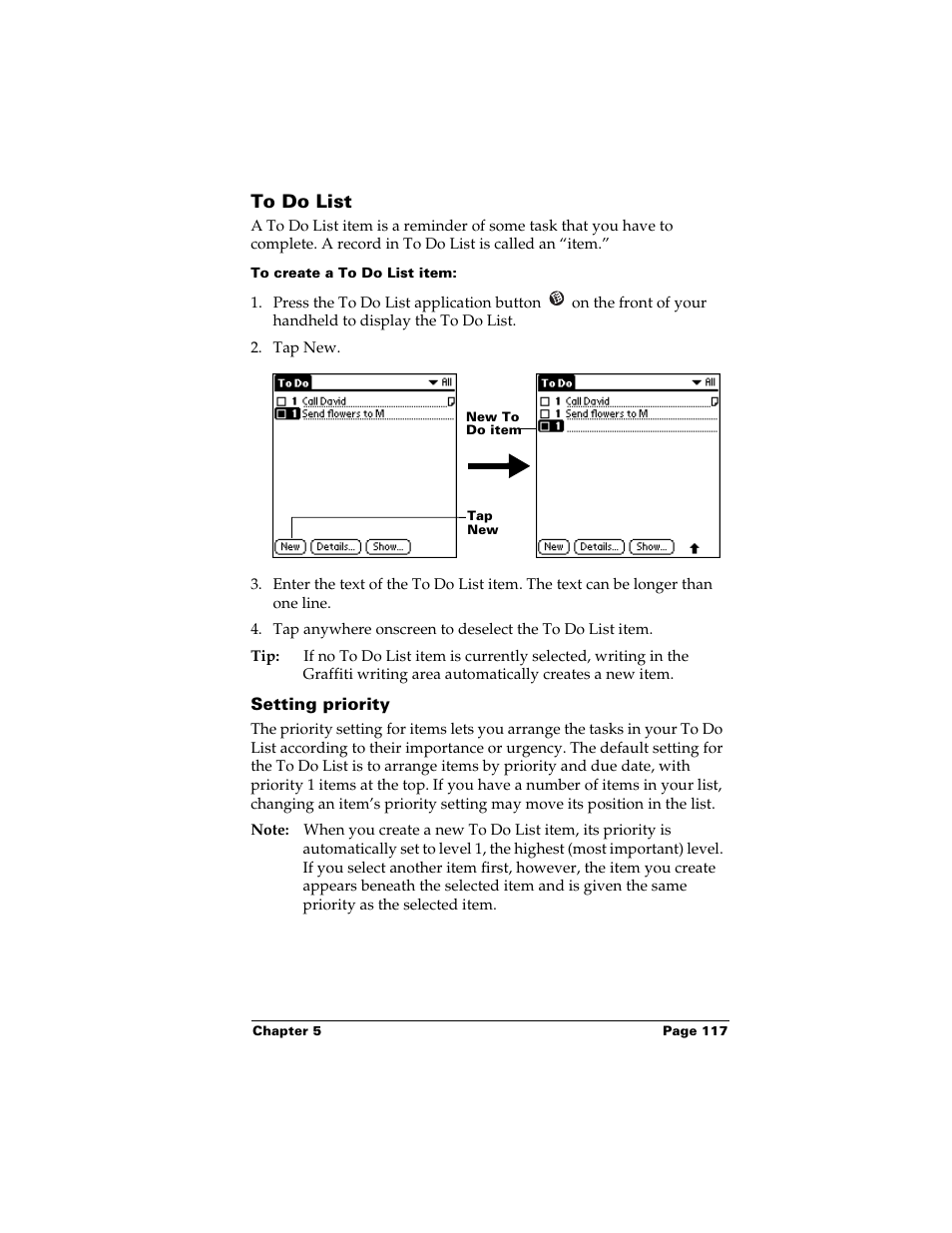 To do list, To create a to do list item, Setting priority | Palm Handhelds m500 User Manual | Page 127 / 286