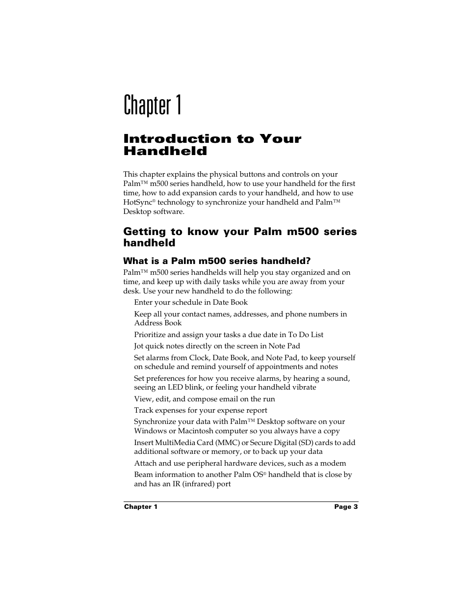 Chapter 1, Introduction to your handheld, Getting to know your palm m500 series handheld | What is a palm m500 series handheld, Chapter 1: introduction to your handheld | Palm Handhelds m500 User Manual | Page 13 / 286
