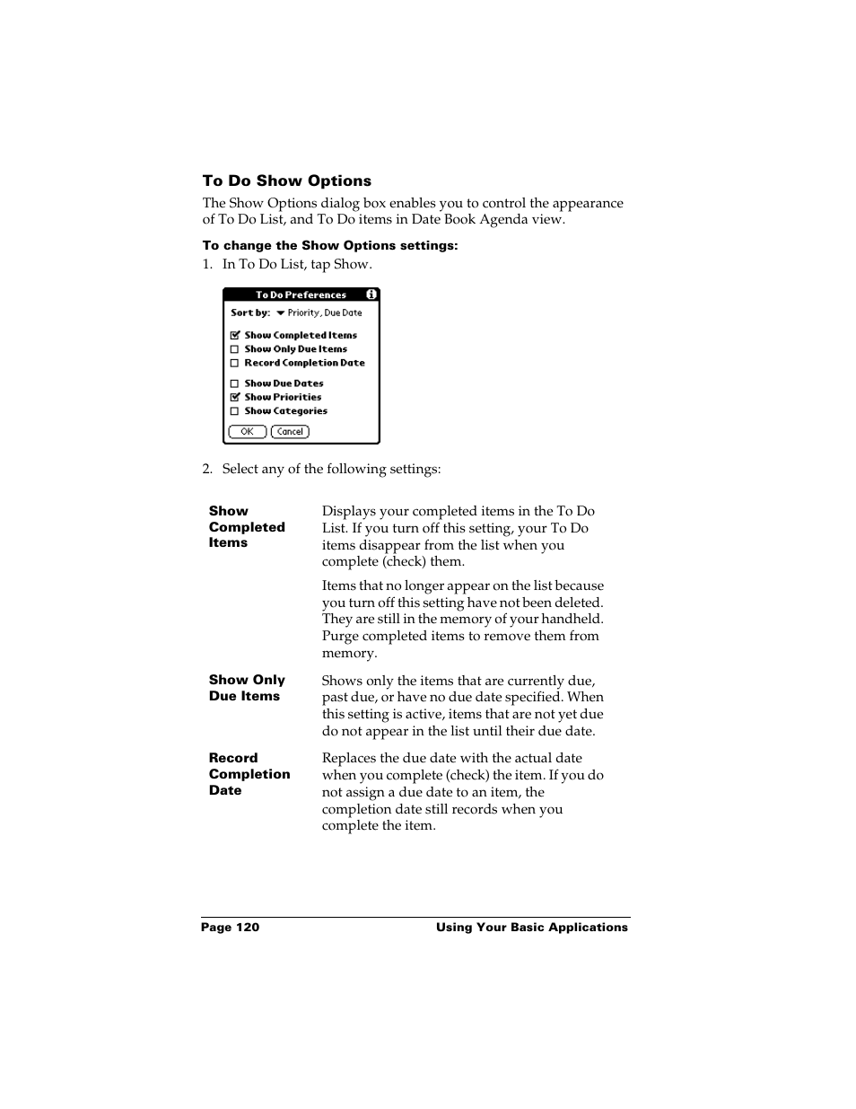 To do show options, To change the show options settings | Palm Handhelds m500 User Manual | Page 130 / 286