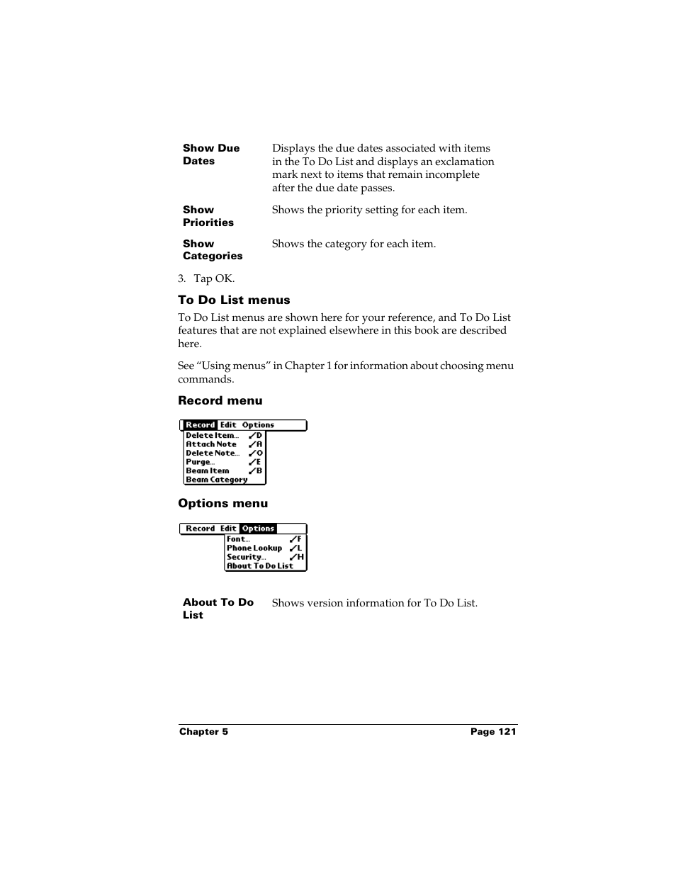 To do list menus, Record menu, Options menu | Palm Handhelds m500 User Manual | Page 131 / 286