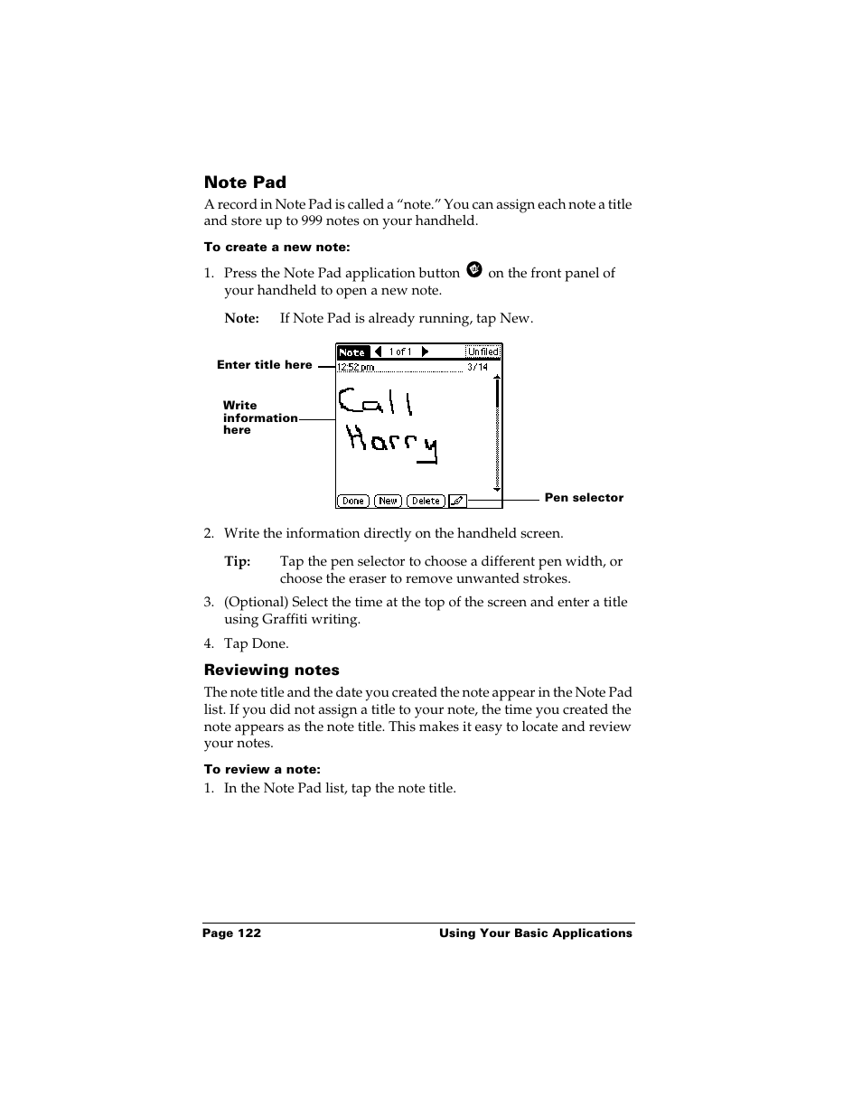 Note pad, To create a new note, Reviewing notes | To review a note | Palm Handhelds m500 User Manual | Page 132 / 286
