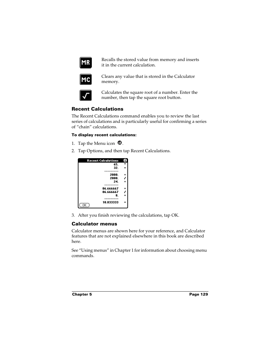 Recent calculations, To display recent calculations, Calculator menus | Palm Handhelds m500 User Manual | Page 139 / 286
