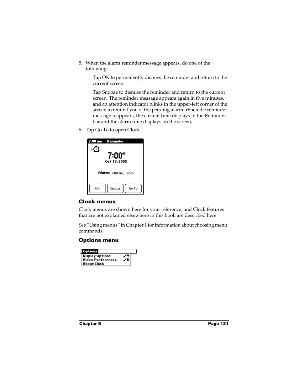 Clock menus, Options menu | Palm Handhelds m500 User Manual | Page 141 / 286