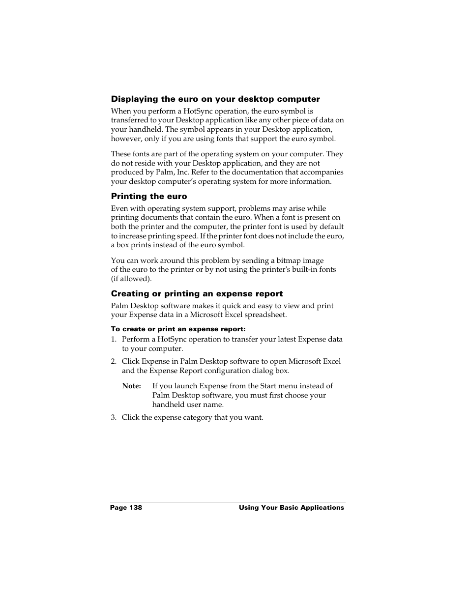 Displaying the euro on your desktop computer, Printing the euro, Creating or printing an expense report | To create or print an expense report | Palm Handhelds m500 User Manual | Page 148 / 286