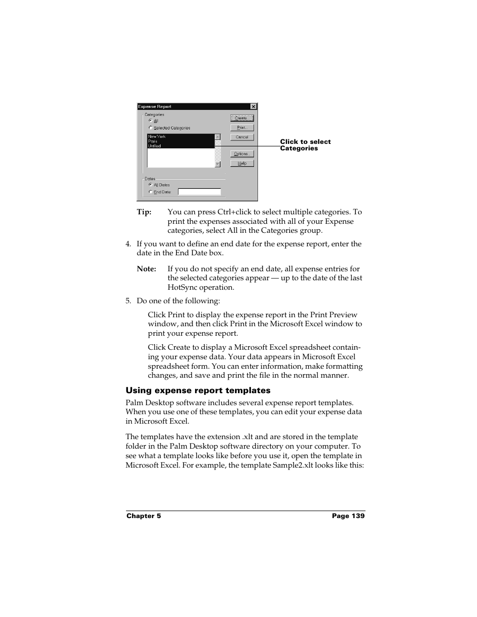 Using expense report templates | Palm Handhelds m500 User Manual | Page 149 / 286