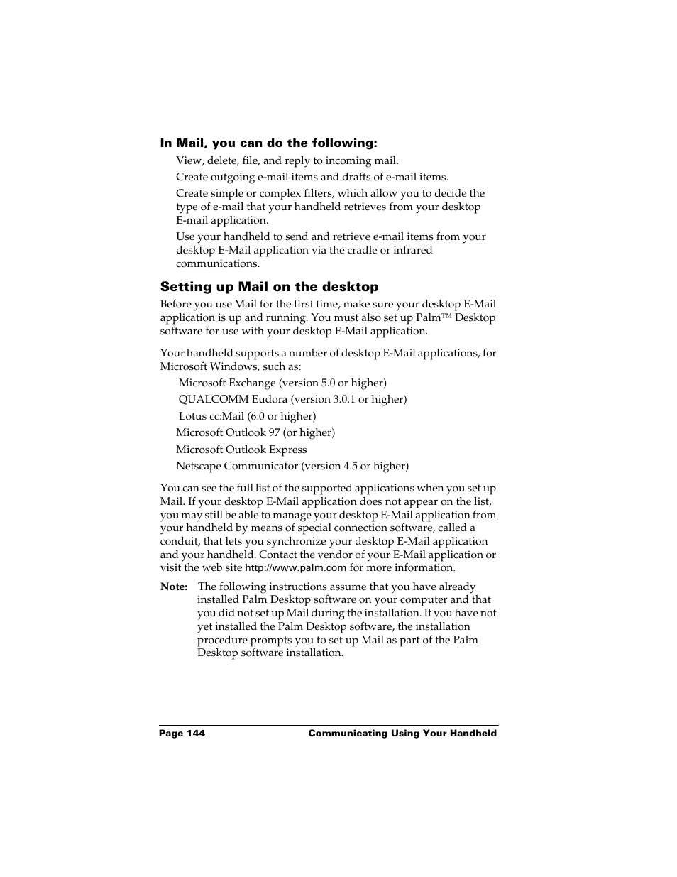 In mail, you can do the following, Setting up mail on the desktop | Palm Handhelds m500 User Manual | Page 154 / 286