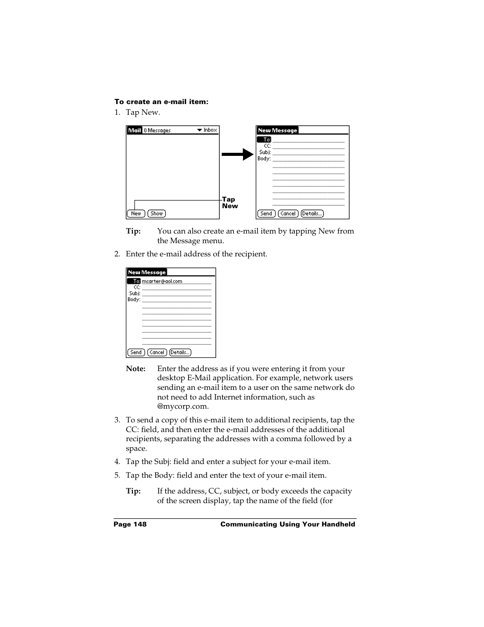 To create an e-mail item | Palm Handhelds m500 User Manual | Page 158 / 286