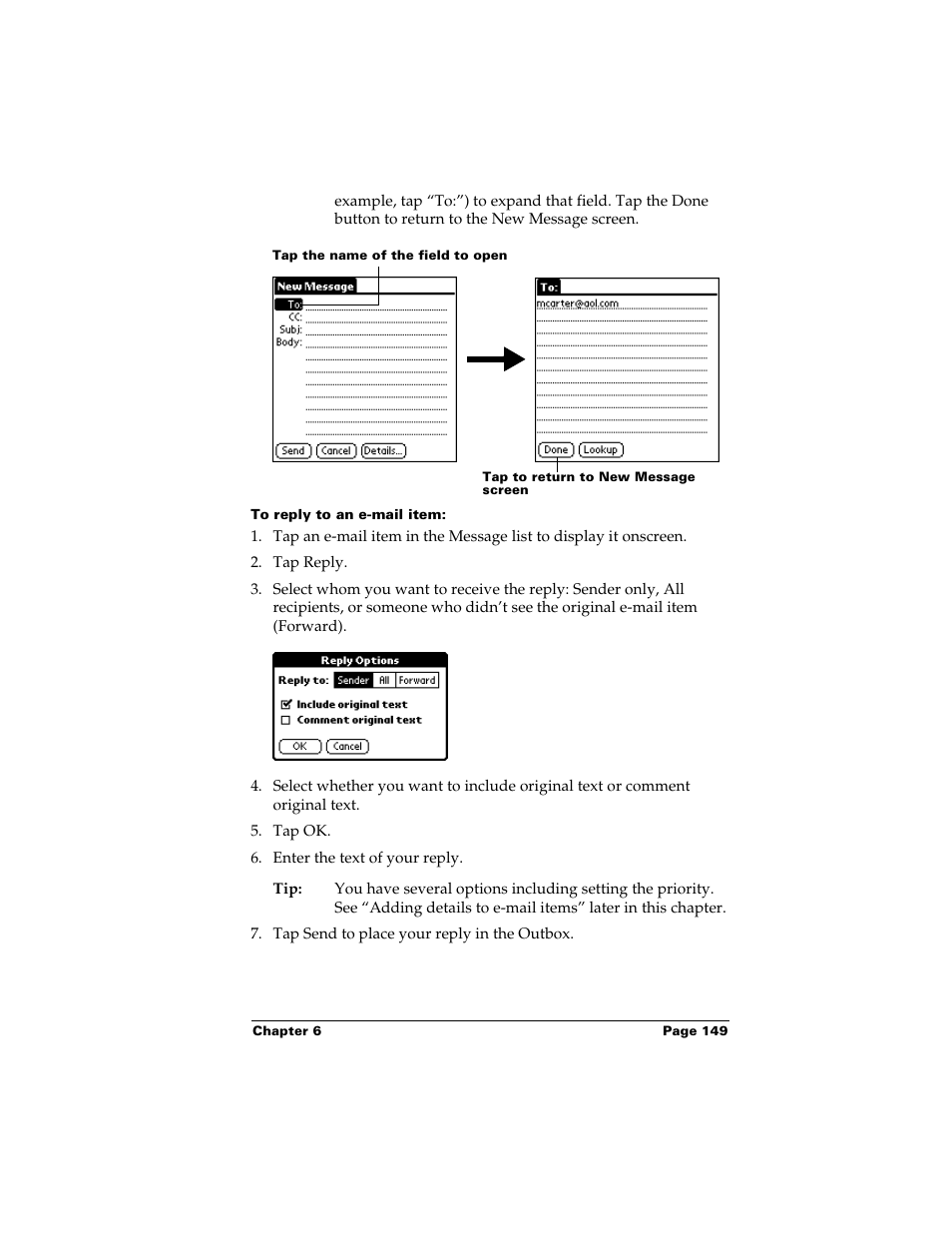 To reply to an e-mail item | Palm Handhelds m500 User Manual | Page 159 / 286